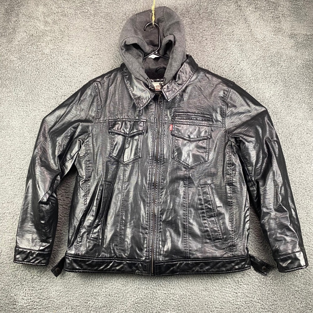 Levis Mens Black Faux Leather Hooded Trucker Jacket Large Full Zip‎
